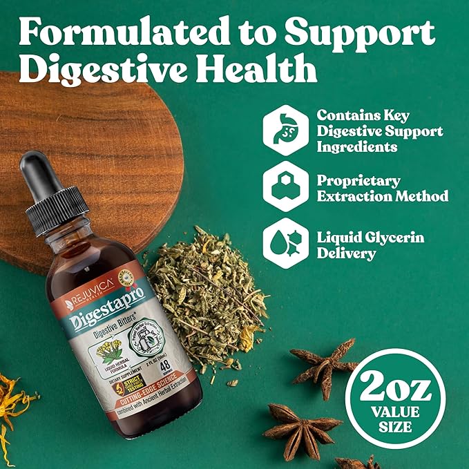 Rejuvica Health DigestaPro - Advanced Digestive Bitters Supplement - Liquid Delivery for Better Absorption - Gentian Artichoke Burdock Chanca Piedra Ginger &amp More!