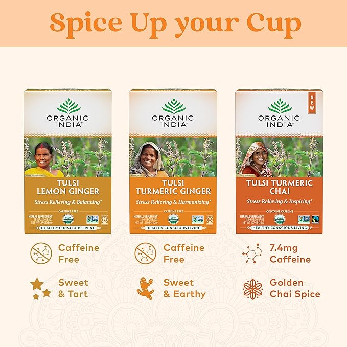 ORGANIC INDIA Tulsi Turmeric Ginger Herbal Tea - Stress Relieving &amp Harmonizing Immune Support Aids Digestion Vegan Caffeine-Free - 18 Infusion Bags 6 Pack