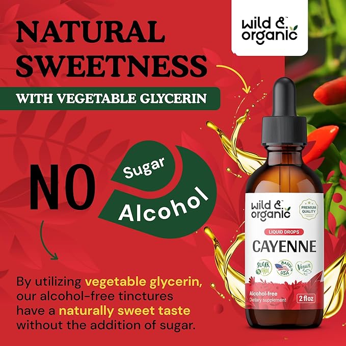 Wild &amp Organic Cayenne Pepper Tincture - Capsaicin Supplements for Digestive Support - Cayenne Pepper Extract Liquid - Vegan Alcohol-Free Drops - 2 fl oz