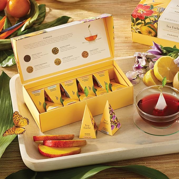 Tea Forte Paradis Petite Presentation Box Tea Gift Set Sampler 10 Count 2 of Each Variety Individually Wrapped Handcrafted Pyramid Infuser Bags