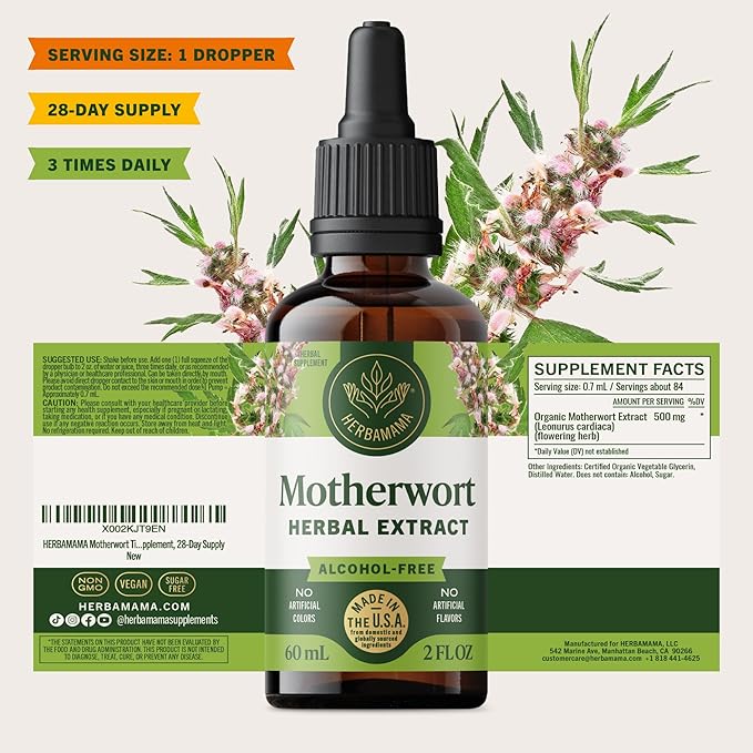HERBAMAMA Motherwort Tincture - Vegan Motherwort Herb Extract Calm Drops for Women's Support - Non-GMO Alcohol &amp Sugar-Free Liquid Relaxation Supplement 28-Day Supply