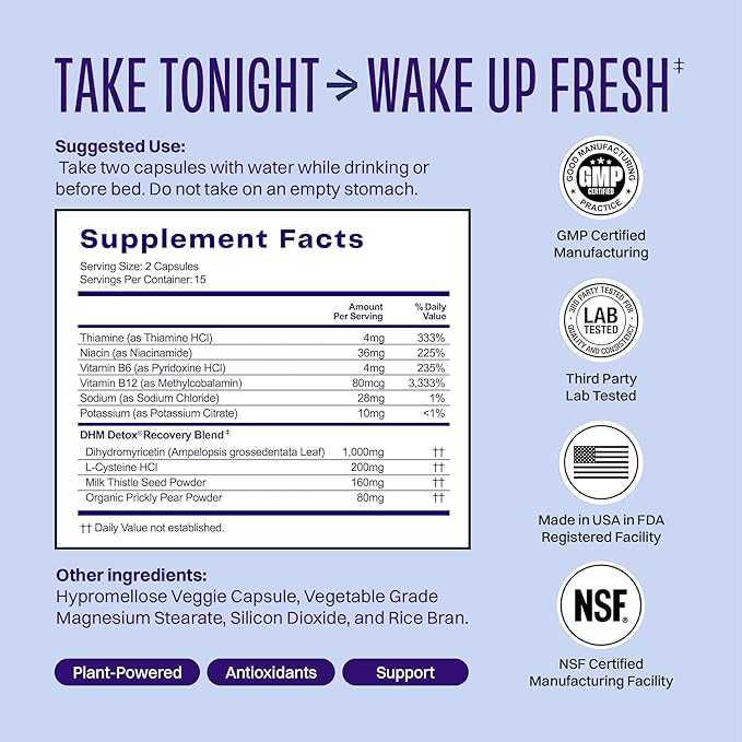DHM Detox® - No Days Wasted® - New Look - Dihydromyricetin Supplement Milk Thistle Prickly Pear B Vitamins Hydration Electrolytes Blend-Take During Evening for Better Next Day and Recovery