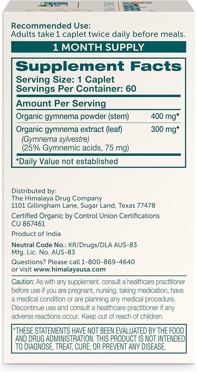 Himalaya Organic Gymnema Sylvestre - Herbal Glucose Metabolism Support - USDA Organic Non-GMO Vegan Gluten Free 700 mg 60 Caplets (Pack of 2)