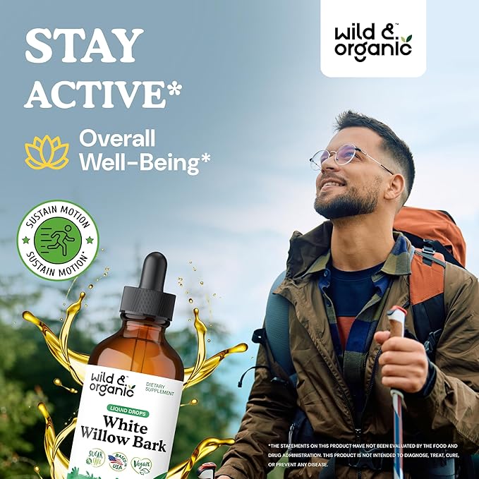 Wild &amp Organic White Willow Bark Tincture - Liquid Supplement for Overall Support - Alcohol &amp Sugar-Free White Willow Extract Drops - Salix Alba Bark - Vegan No Additives - 4 fl oz