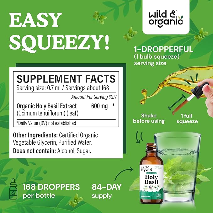 Wild &amp Organic Holy Basil Tincture - Relaxation &amp Calmness Support - Liquid Holy Basil Leaf Supplement - Tulsi Drops - Vegan Sugar &amp Alcohol-Free Extract - 4 fl oz