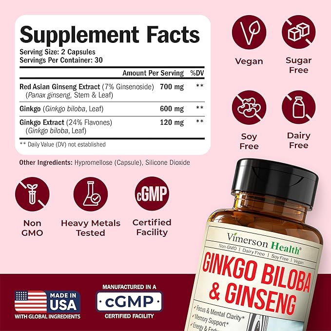 Asian Ginseng and Ginkgo Biloba Supplements – Panax Ginseng Extract 700mg + Ginko Biloba 720mg – Nootropic Brain Supplement for Memory Focus &amp Sustained Energy – 60 Easy-to-Swallow Capsules