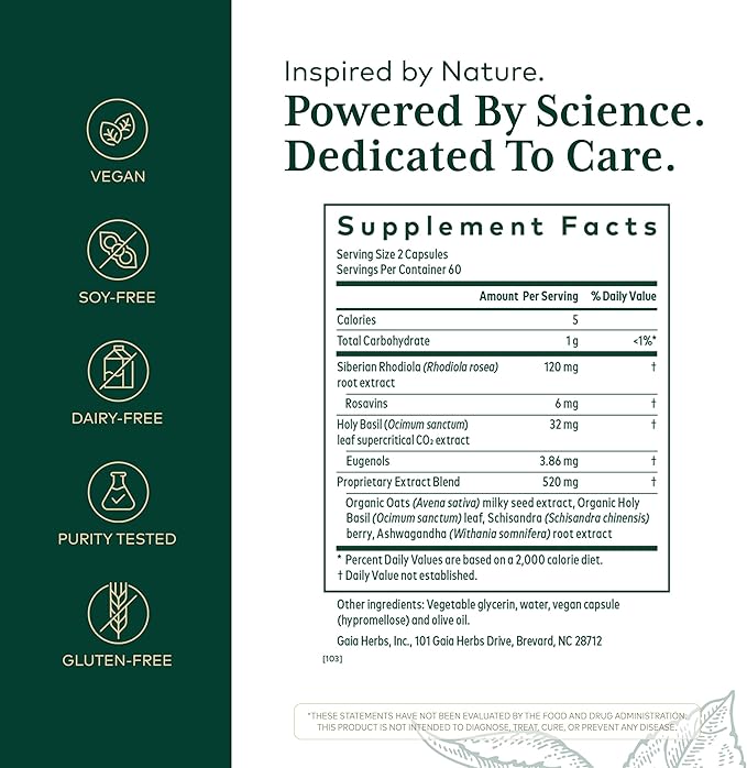 GAIA HERBS PRO Daytime HPA - Adaptogen Support Supplement - Nervous System Support Supplement with Olive Oil &amp Rhodiola* - Vegan Gluten-Free Soy-Free - 120 Liquid Phyto-Caps (60 Servings)