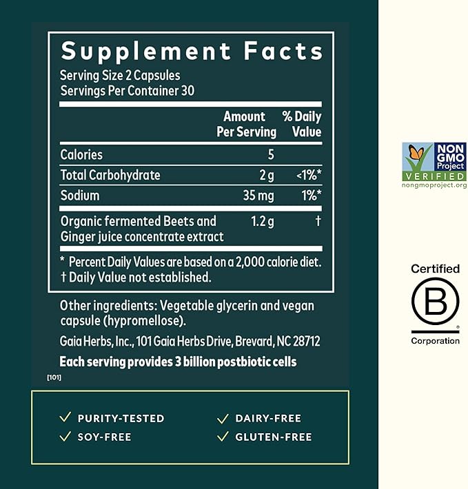Gaia Herbs Ginger-Beet Postbiotic - Supplement for Gut &amp Heart Health Support* - Made with Fermented Beets &amp Ginger - Free from Dairy Soy &amp Gluten - 60 Vegan Liquid Phyto-Caps (30 Serving