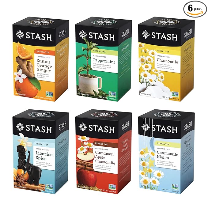 Stash Tea Soothing Herbal Tea 6 Flavor Variety Pack 6 Boxes With 18-20 Tea Bags Each