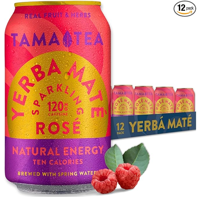 Organic Sparkling Rosé Yerba Mate Tea Unsweetened by Tama Tea - Sugar Free Energy Drink Alternative 120mg Natural Caffeine 12 oz (12-Pack)