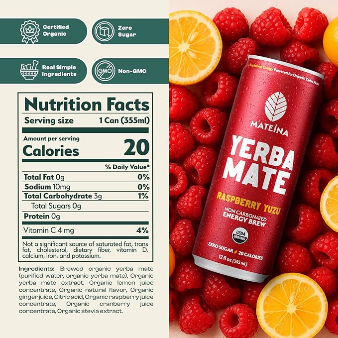 Mateina Yerba Mate Zero Sugar Energy Drink – 120mg Natural Caffeine – Organic Non-GMO Non-Carbonated – Dr. Andrew Huberman Recommended – (12 fl oz Cans 12 Pack) Raspberry Yuzu