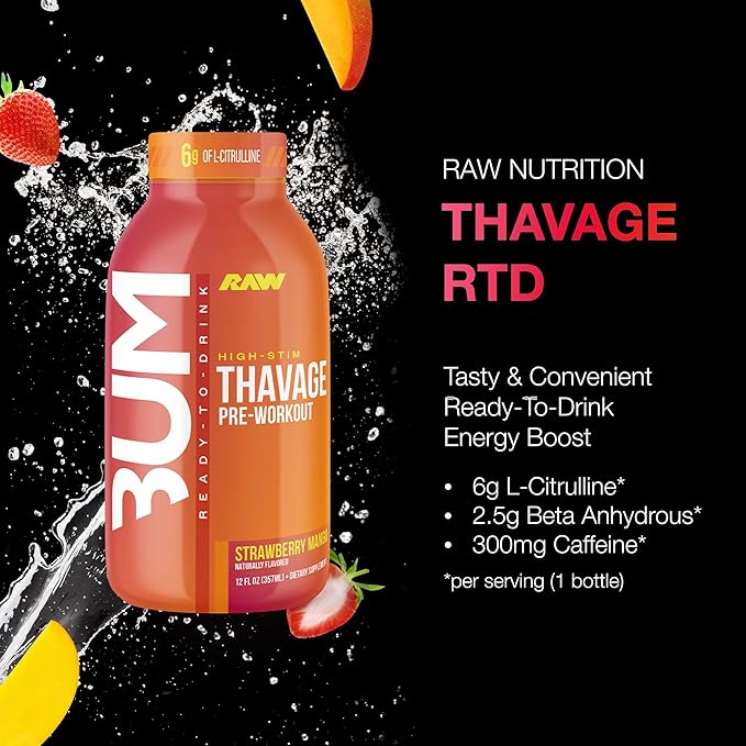 RAW Ready to Drink Pre-Workout Drink - BUM Thavage RTD Preworkout Shakes - Energy Supplement Drinks with Beta Alanine L-Citrulline &amp Caffeine - Zero Sugar (12 Pack Strawberry Mango)