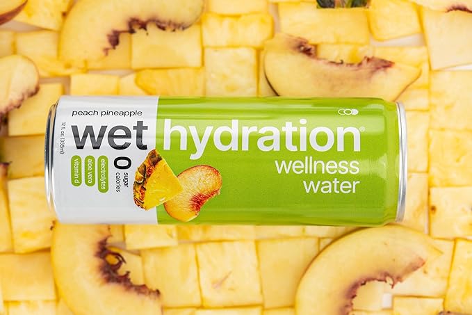 Wet Hydration | Functional Wellness Water Non-Carbonated - Peach Pineapple (12 Ounce Cans Pack of 12) - Flavored Water Hydration Drink No Sugar No Artificial Ingredients Zero Calories (Packaging
