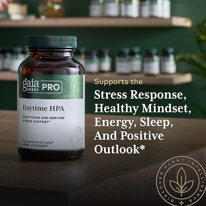 GAIA HERBS PRO Daytime HPA - Adaptogen Support Supplement - Nervous System Support Supplement with Olive Oil &amp Rhodiola* - Vegan Gluten-Free Soy-Free - 120 Liquid Phyto-Caps (60 Servings)