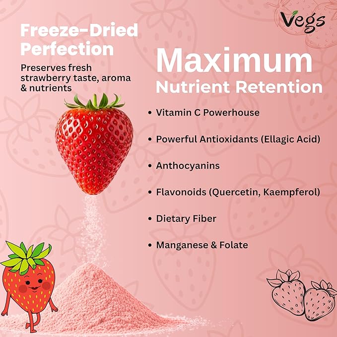Vegs Strawberry Juice Powder - Freeze Dried Organic Strawberry Juice Instant Drink Mix Powder Baking Dessert Flavoring - Real Fruit Hydration with Electrolytes &amp Antioxidants Sugar Free - 11 oz