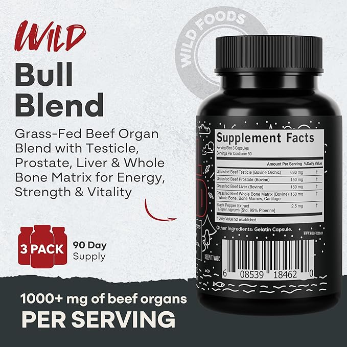 Wild Grass Fed Beef Organ Supplement for Men - Complete Ancestral Nutrition Complex with Beef Liver Testicle Prostate &amp Bone Matrix - Organ Meat Supplements - 30 Day Supply
