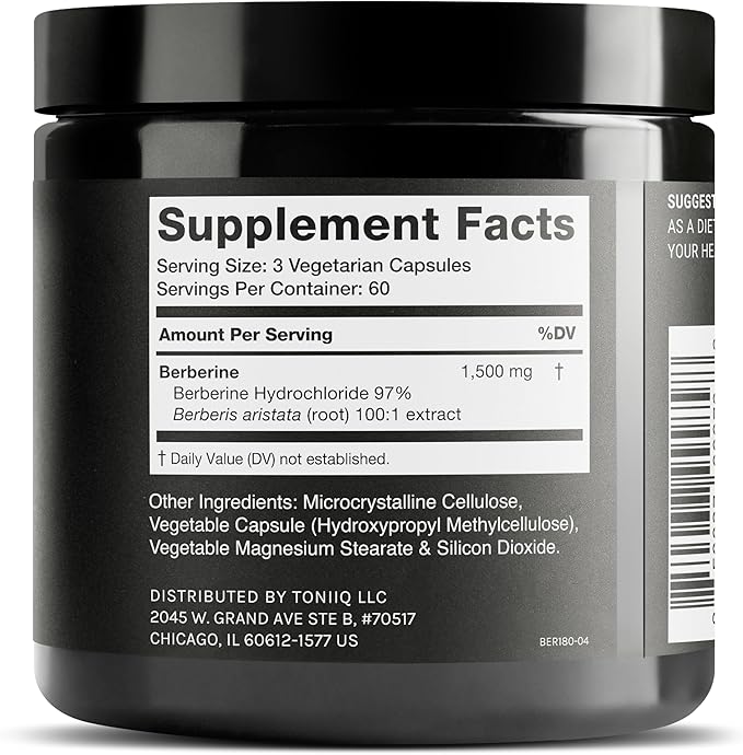 Toniiq Ultra High Strength Berberine HCl from The Himalayas - 100:1 Concentrated Extract - Lab-Tested 97% Berberine HCl - 180 Vegetarian Capsules 1500 mg per Serving