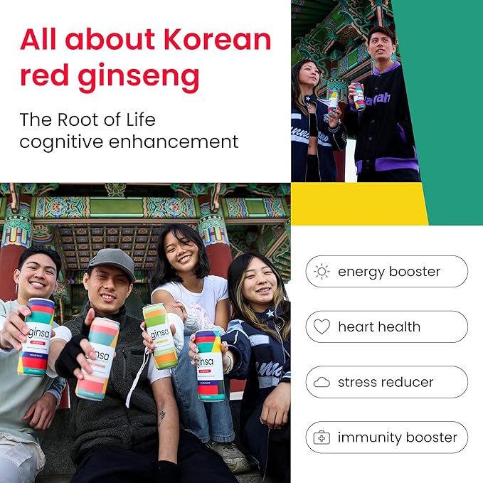 ginsa Sparkling Ginseng Energy Drink with Korean Red Ginseng | Natural Energy Booster | Non-GMO Supports Focus &amp Clarity with Pure Ginseng Root No Caffeine | Variety 12 pack | 12oz