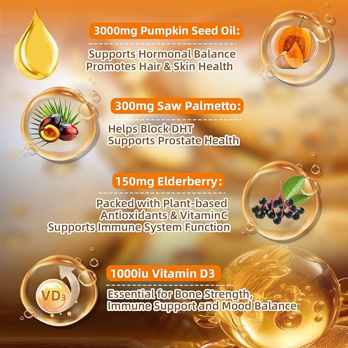 Pumpkin Seed Oil with Saw Palmetto Vitamin D3 &amp Elderberry-300 Capsules Pure Virgin Oil Essential Fatty Acids &amp Phytosterols-Supports Prostate Function Hair Health &amp Urinary Comfort