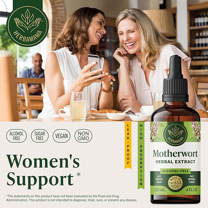 HERBAMAMA Motherwort Tincture - Vegan Motherwort Herb Extract Calming Drops for Women's Support - Non-GMO Alcohol &amp Sugar-Free Liquid Relaxation Supplement 56-Day Supply