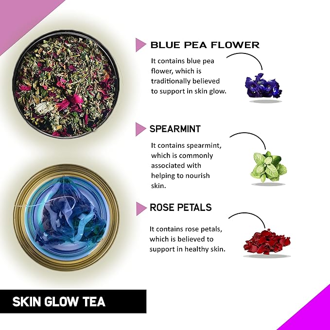 TEACURRY Skin Glow Tea (30 Tea Bags 1 Month Pack) - Helps with Skin Nourishment Hydration Glow - All Natural Caffeine Free Herbal Tea