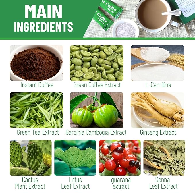 Premium Green Coffee with Ganoderma &amp Herbal Extracts - Energizing Instant Coffee Blend for Metabolism &amp Antioxidant Support 18 Sachets