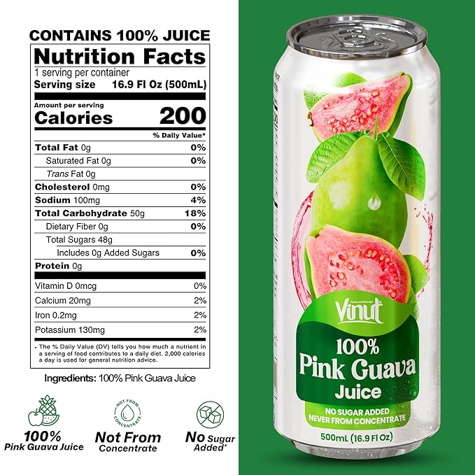 VINUT 100% Pink Guava Juice No Added Sugar Not From Concentrate 16.9 fl oz (500 mL) Can Pack of 12