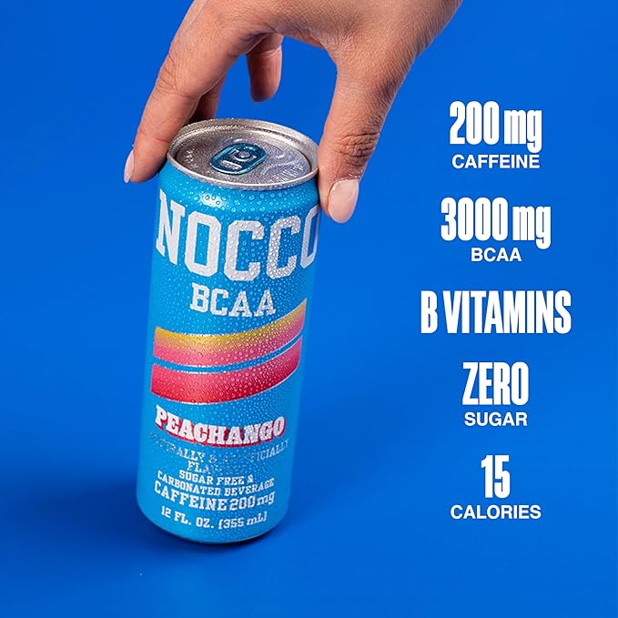 NOCCO BCAA Energy Drink PEACHANGO - 12 Fl Oz (Pack of 12) - 200mg of Caffeine Sugar Free Energy Drinks - Carbonated &amp Low Calorie BCAAs Vitamin B6 B12 &amp Biotin - Grab &amp Go Performance