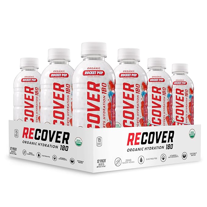 RECOVER 180 Organic Sports Hydration Drink No Sugar Added 20 Calorie Sports Beverage Organic Flavors With Vitamins Potassium-Packed Electrolytes (16.9 Fl Oz (Pack of 12) Rocket Pop)