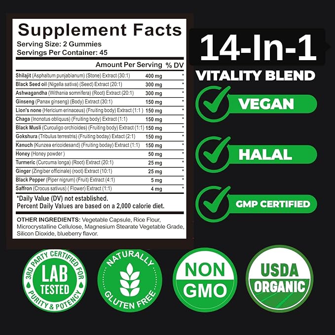 Organic Himalayan Shilajit Gold Gummies for Men and Women Black Seed Oil Ashwagandha Ginseng Turmeric Gokshura Lion's None Lab Tested%75 Fulvic Acid No Sugar Added Halal 90Gummy