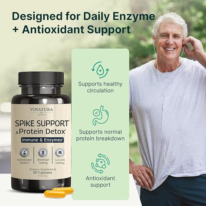 VINATURA Spike Protein Detox - Curcumin 1000 mg Bromelain 500 mg Nattokinase 2000 FU - Enzyme Complex for Detox &amp Protein Balance Ultimate Spike Support Supplement - 90 Capsules