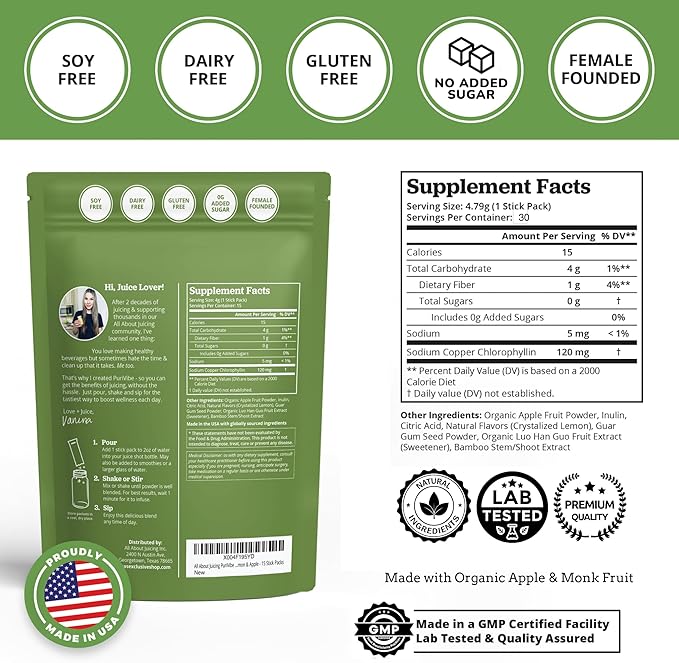 All About Juicing Chlorophyll Green Juice Shots - Clean Energy Detox Alkalize - 30 Stick Packs - Superfood Juice Powder - PuriVibe