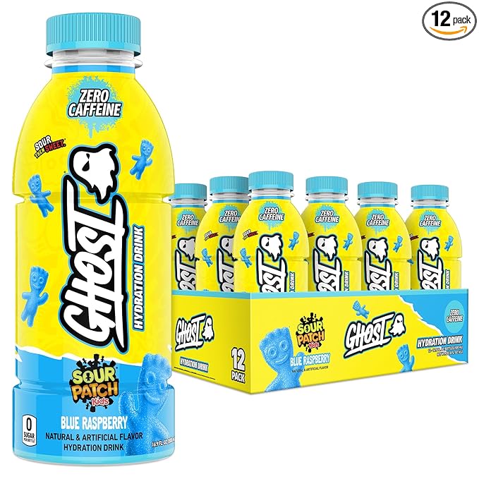 GHOST Hydration Drink Sour Patch Kids Blue Raspberry - RTD Sports Drinks with Electrolytes for Hydration - Beverage for Athletes - Zero Caffeine &amp Zero Sugars - 16.9 Fl Oz 12 Pack