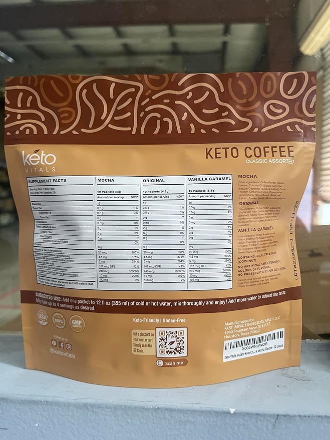 Keto Vitals Instant Keto Coffee Powder with MCT Oil &amp Vitamins - Low-Calories Low-Carb No Artificial Sweeteners – Energy &amp Metabolism Support – 30 Single-Serve Sticks (Original Vanilla &amp