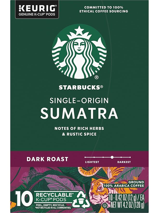 Starbucks Coffee K-Cup Pods Single-Origin Sumatra Coffee Dark Roast 100% Arabica Coffee Keurig Genuine K-Cup Pods 10 CT K-Cups/Box (Pack of 3 Boxes)