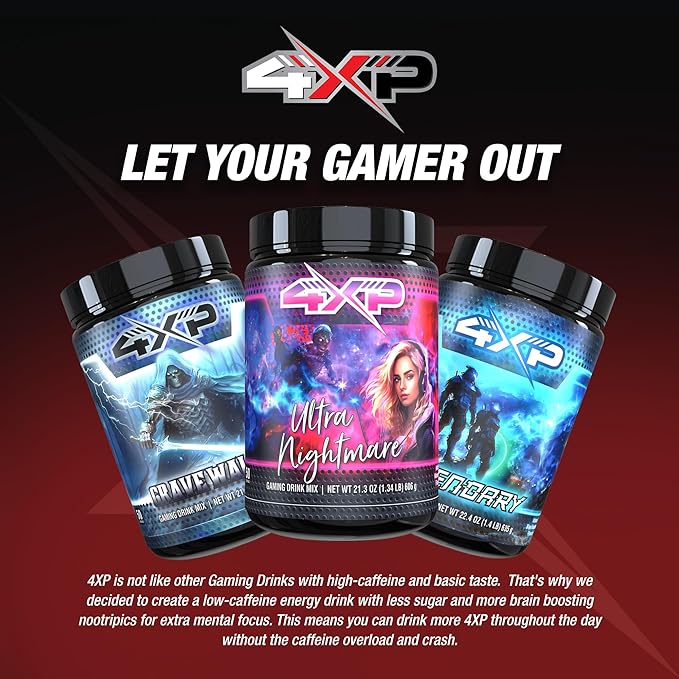 4XP Gravewalker White Gummy Gaming Energy Drink Mix| Low-Caffeine Nootropic Powder with B Vitamins &amp White Gummy Flavor for Gamers | 50-Serving Container