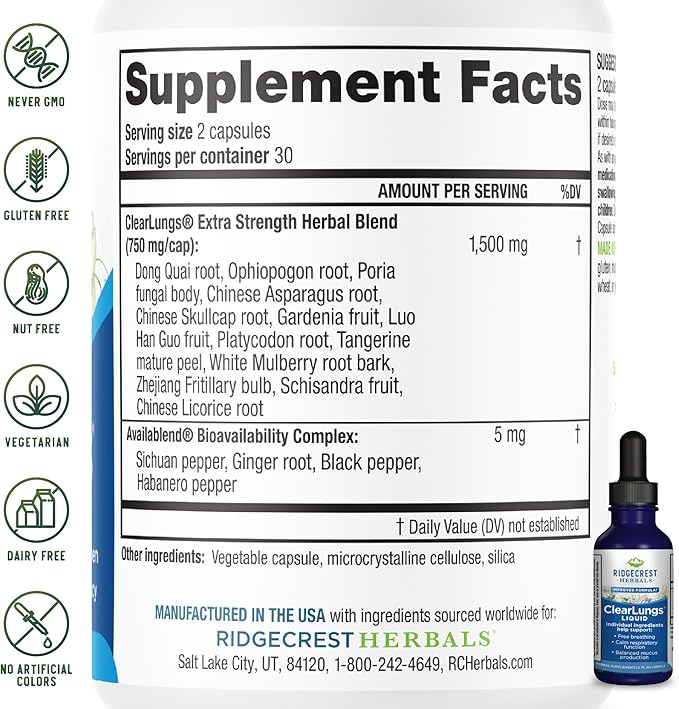 Ridgecrest Herbals ClearLungs Liquid Herbal Supplement Orange Flavor Alcohol Free for Adults and Kids Natural Lung and Nasal Wellness Formula for Bronchial and Mucus Support (2 fl oz 29 Servings)