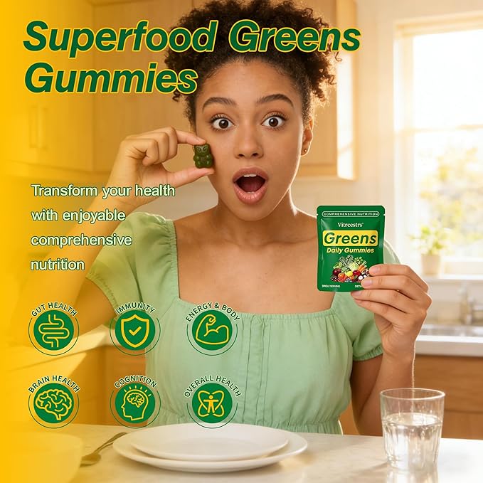 Greens Daily Gummies Super Greens Gummies for Adults Superfood Multivitamin Gummy with Spirulina Chlorella Prebiotic Fiber Fruit Veggie for Digestive &amp Gut Health Adaptogens Supplement 240 C