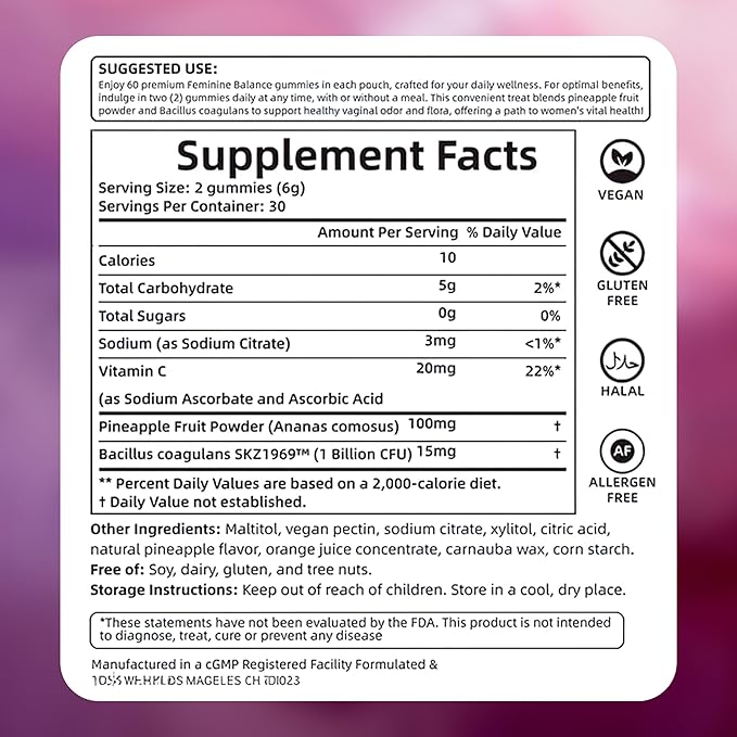 Nuora Feminine Balance Gummies Premium Feminine Balance Gummies Vegan Hawaiian Pineapple Vaginal Health Support Gluten-Free 60 Gummies (1)