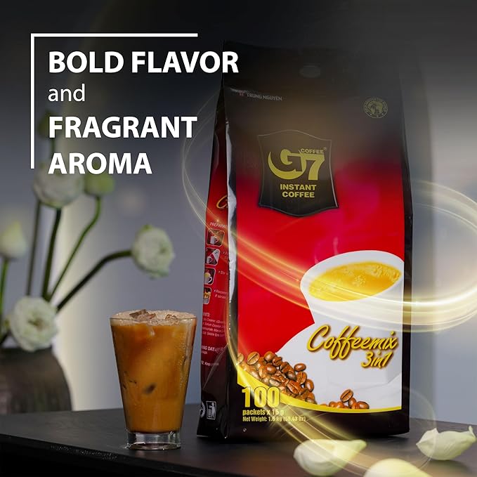 Trung Nguyen G7 Instant Coffee - 3-in-1 with NANO+ Technology Roasted Ground Blend Non-dairy Creamer &amp Sugar (100 Sticks)