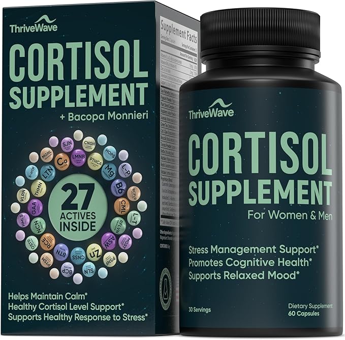 Cortisol Supplements for Women &amp Men - Bacopa Monnieri Lemon Balm Ashwagandha with 5 HTP GABA L-Theanine Supplement - Stress &amp Mood Support for Adults - Happy Pills for Nerve Calm - 60 Cap