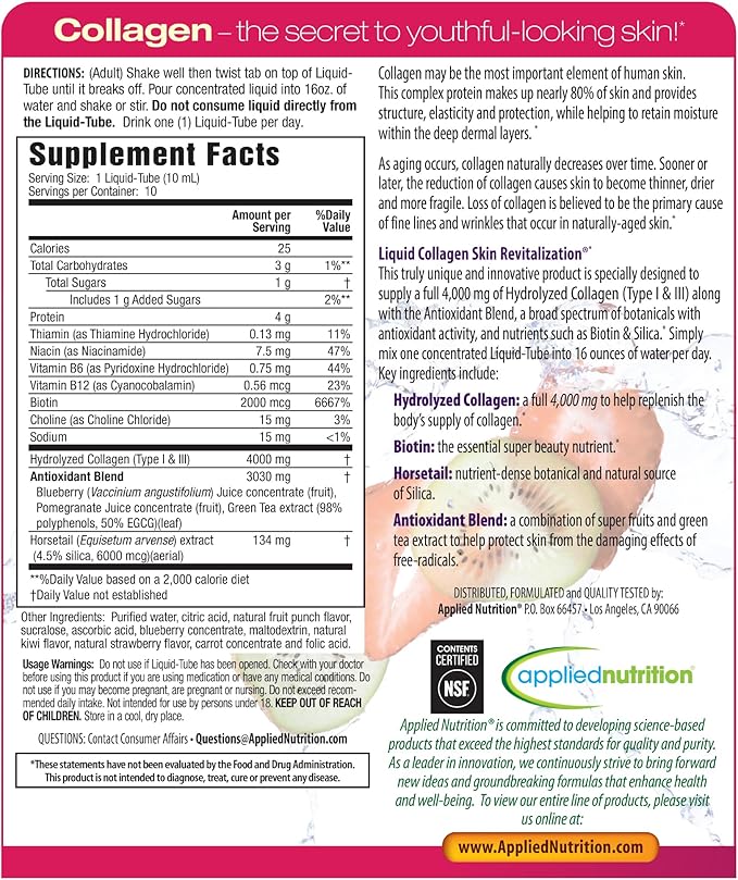 Applied Nutrition Liquid Collagen Skin Revitalization - 10 Liquid Tubes Pack of 2 - Collagen Biotin &amp Silica - Tropical Strawberry &amp Kiwi Flavor - 20 Servings