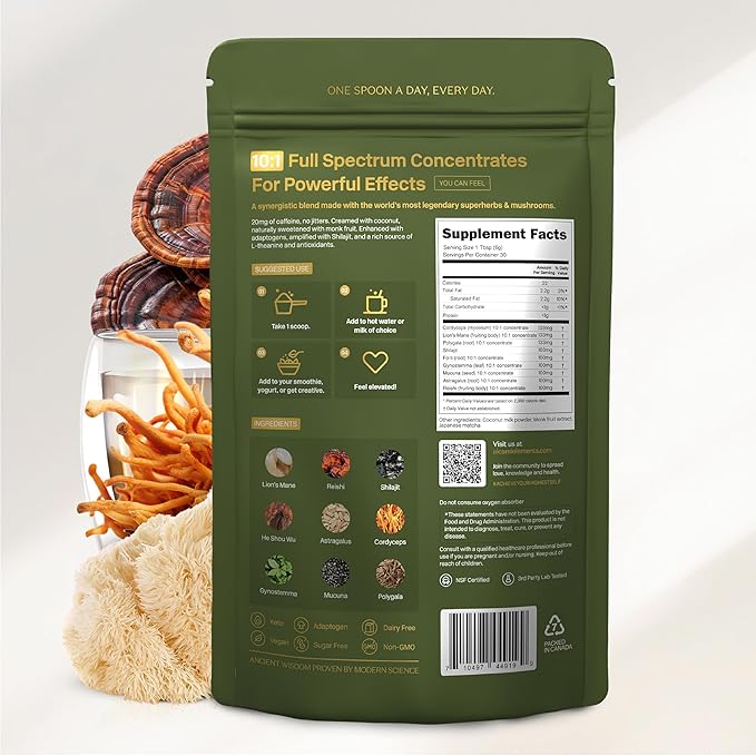 Matcha Mushroom Coffee Superfood Blend 10X Concentrated Extract with Lion's Mane Reishi &amp Cordyceps Energy &amp Focus Support 30 Servings Premium Supplement Powder