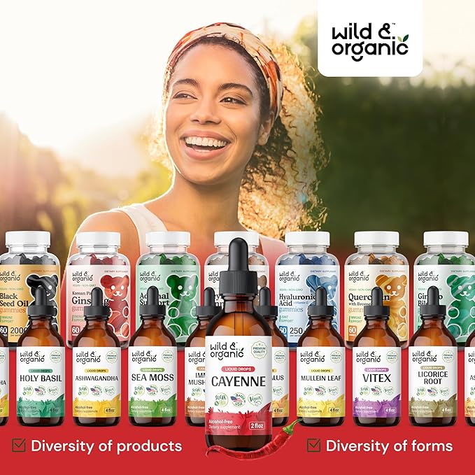 Wild &amp Organic Cayenne Pepper Tincture - Capsaicin Supplements for Digestive Support - Cayenne Pepper Extract Liquid - Vegan Alcohol-Free Drops - 2 fl oz