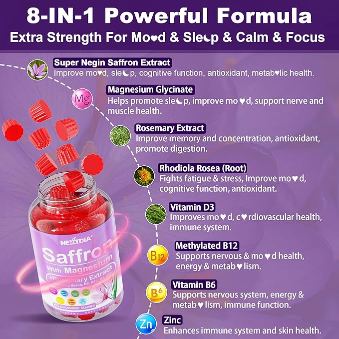 Saffron Supplements Gummies - 4 Months Supply - Saffron Extract 177mg 88.5mg w/Magnesium Glycinate 400mg 200mg Rhodiola Rosea Rosemary B6 B12 D3 for Calm Nerve Rest Focus Sugar-Free 2 Pack