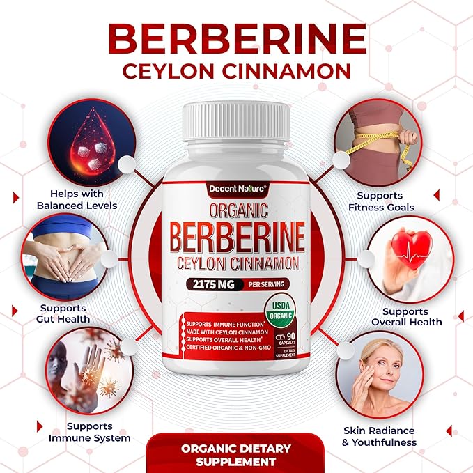 Organic Berberine with Ceylon Cinnamon 2175mg - Premium berberine supplement high purity extract USDA Organic support immune system Berberine Plus Complex Non-GMO Vegan for Men Women 90 Capsules