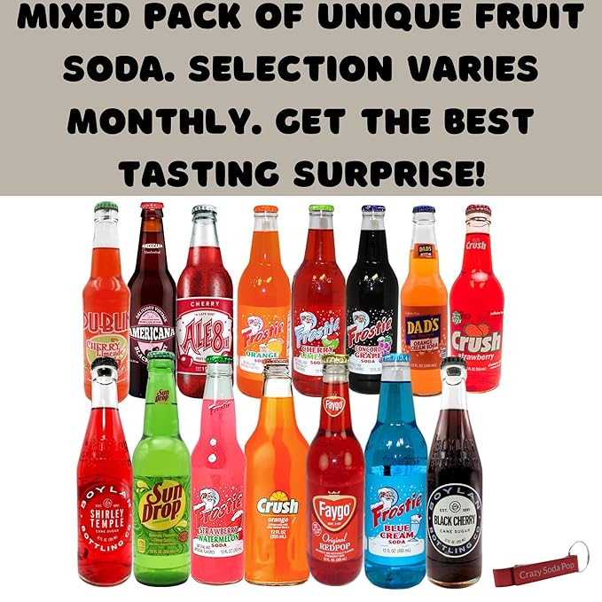 Fruit Soda Surprise Variety Sampler Pack | Premium Crafted Fruit Soda Variety Pack from Around USA | Includes Crazy Soda Pop Bottle Opener (6 Pack)