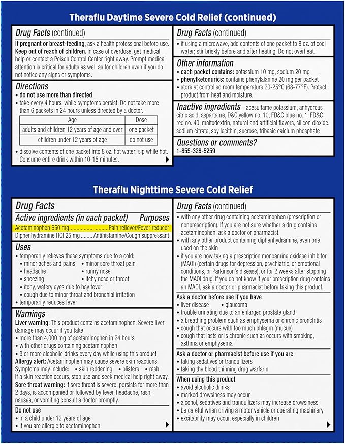 Theraflu Combo Daytime and Nighttime Severe Cold Relief Honey Lemon Flavor Powder and Daytime Severe Cold Relief Berry Burst Flavor Powder 6 Daytime + 6 Nighttime and 6 Berry Burst Powder Packets