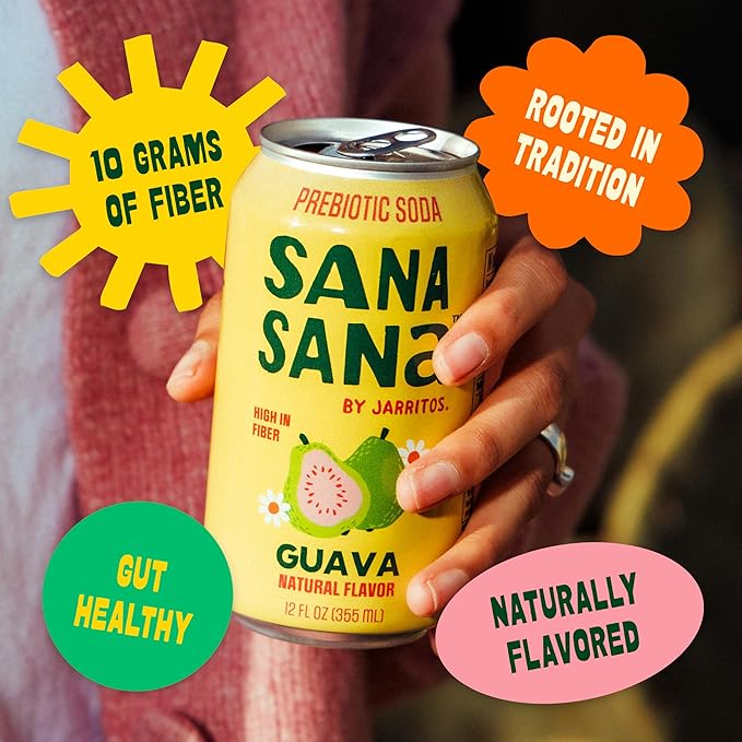 Sana Sana by Jarritos - Mexican Prebiotic Soda Soft Drinks Mandarin (12 oz 355ml) 12 Cans - 40 Calories 10g of Fiber - Low Sugar - Natural Flavor Soda Pop