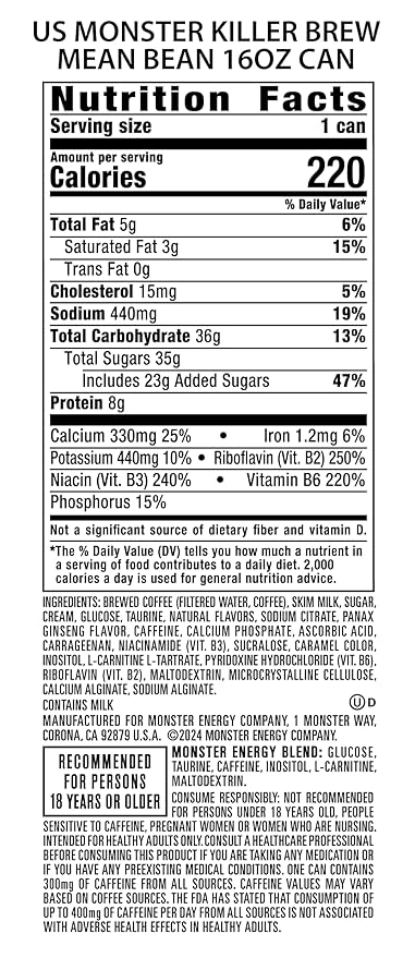 Monster Energy Killer Brew Mean Bean 15 Fl Oz | Pack of 12